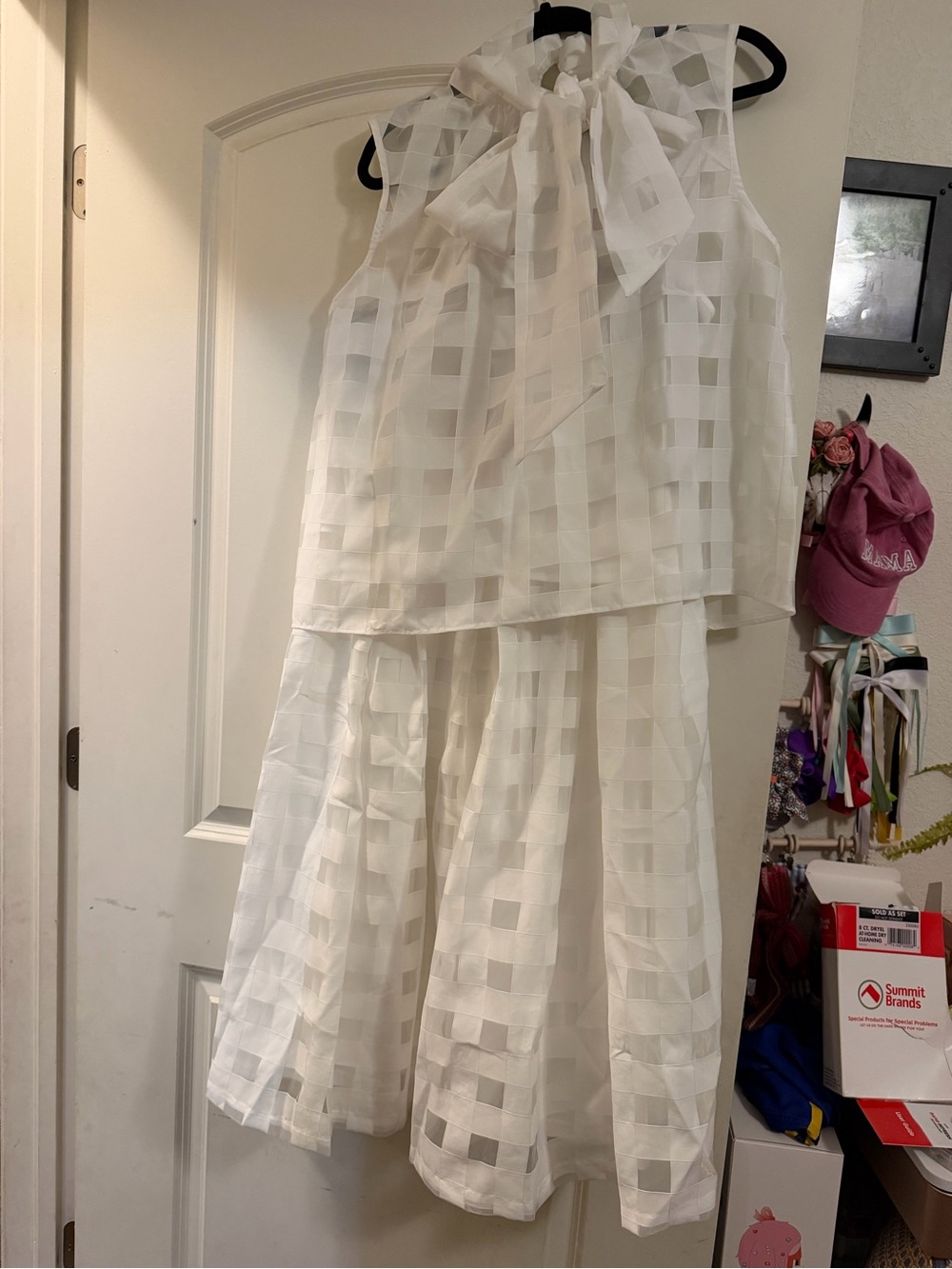 White Check-Overlay A-Line Midi Skirt Set